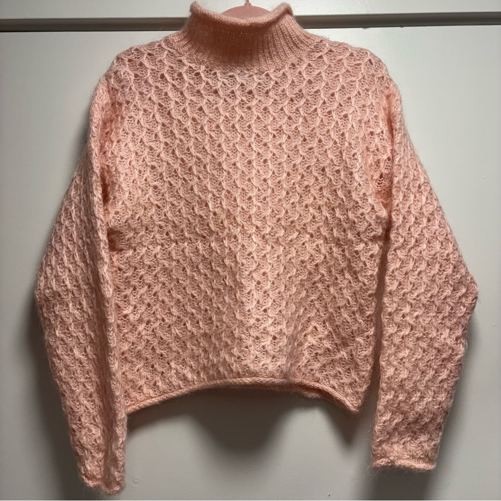Vintage Paris Sport Club Mohair Blend Cute Handknit Pink Sweater 80s 90s M